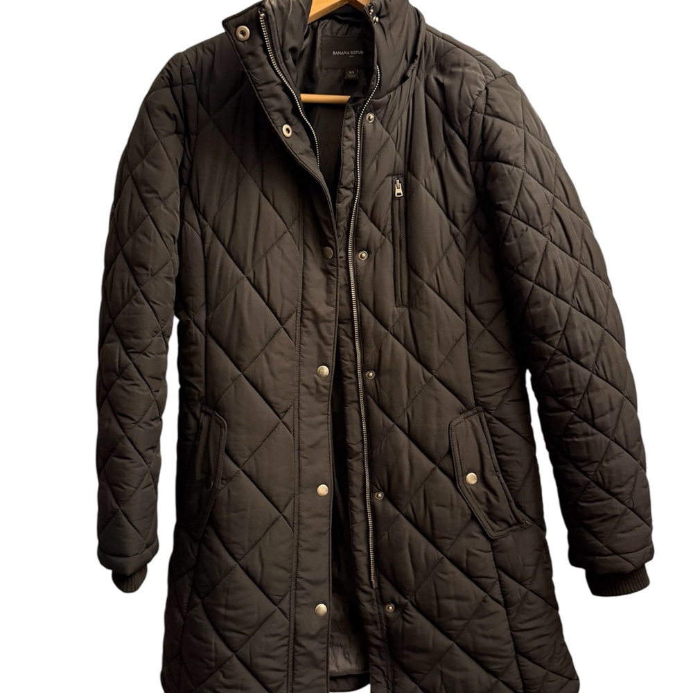 Banana Republic Black Long Quilted Warm Lined Coat Adj Waist Pockets Women’s XS